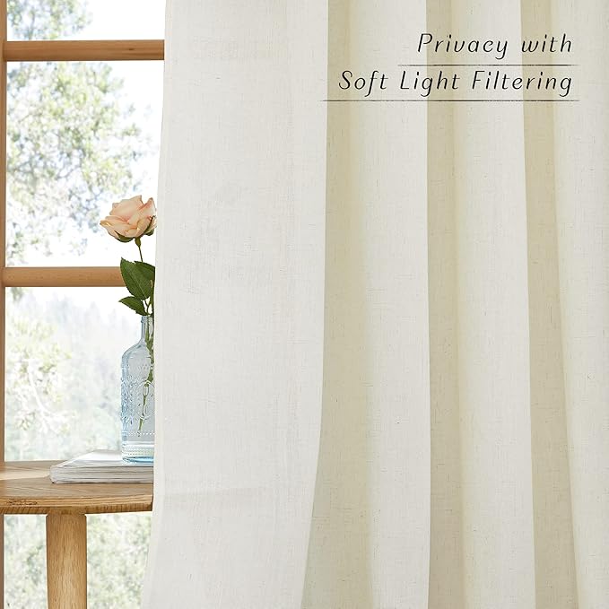 NICETOWN Privacy Off White Linen Blend Curtains Extra Long 108" Long, Rustic Rod Pocket & Back Tab Elegant Boho-Chic Flax Semi Sheer Panels for Farmhouse/Bedroom, W55 x L108, 2 Panels