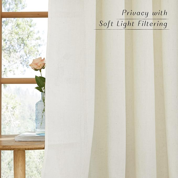 NICETOWN Short Thick Linen Curtains for Windows 54 inch Long, Rod Pocket & Back Tab Boho-Chic Privacy Added Semi Sheer with Light Filtering for Bedroom/Nursery, Off White, 1 Pair, W55 x L54
