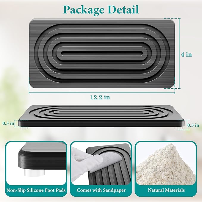 Water Absorbing Stone Tray, Quick Drying Diatomite Bathroom Tray Countertop, Stone Drying Mat for Kitchen Counter, Soap Dish Dispenser Vanity Organizer, Dark Grey-A-12.2" x 4"