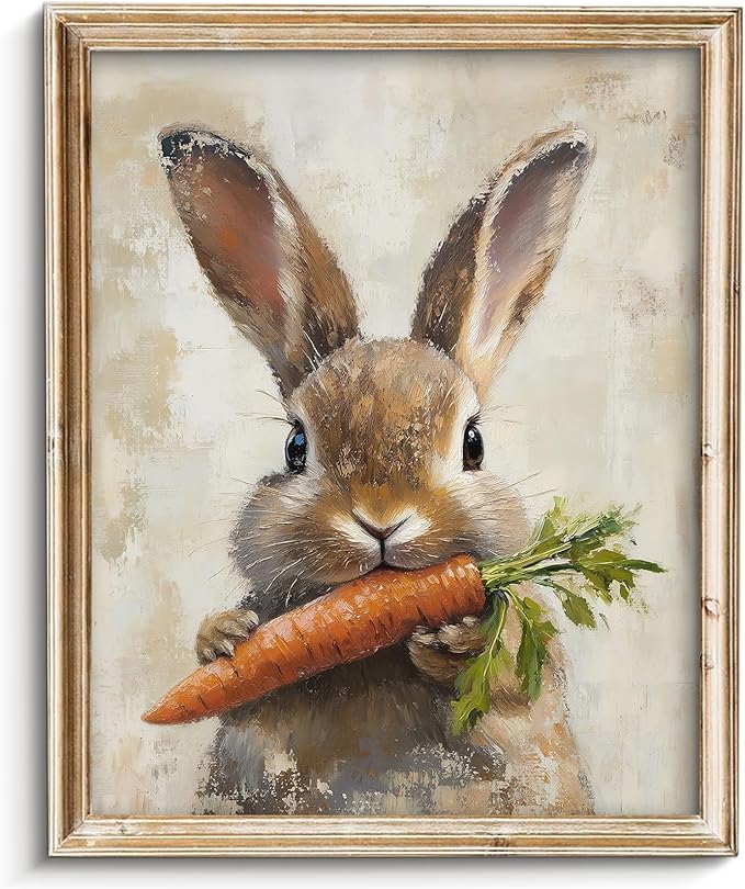 Vodefoad Carrot Rabbit Retro Vintage Canvas Wall Art Bunny Holding Carrot Canvas Cute Rustic Farmhouse Rabbit Wall Art Animal Nursery Decor, Spring Bunny Painting, Easter Bunny Print for Bedroom Bathroom Holiday Decor - 8x10Inch Unframe