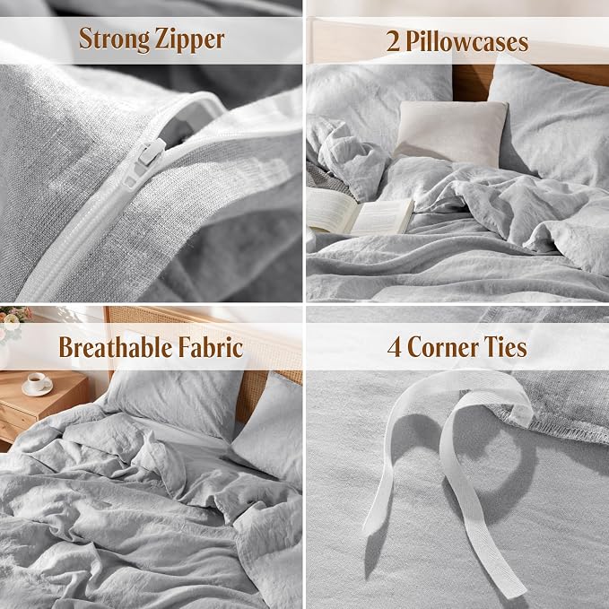 LBRO2M 100% France Linen Duvet Cover Set 3 Pcs Including 1 Flax Comforter Cover with Zipper Closure, 2 Pillowcase, Cozy Duvet Cover King Size, Gray