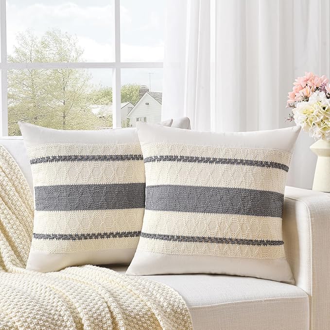 Fancy Homi Set of 2 Neutral Grey Farmhouse Big Decorative Throw Pillow Covers 24x24 Inch for Couch Bed Chair, Vintage Country Rustic Retro Room Decor, Soft Thick Cotton Handmade Woven Cushion Case