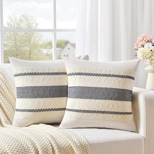 Fancy Homi Set of 2 Neutral Grey Farmhouse Decorative Throw Pillow Covers 16x16 Inch for Couch Bed Chair Indoors, Vintage Country Rustic Retro Room Decor, Soft Thick Cotton Handmade Woven Cushion Case