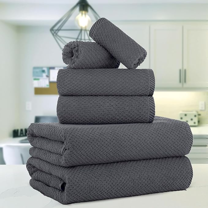 CASA COPENHAGEN Popcorn 6Pcs 100% Egyptian Cotton Designer Towels Gift Set -Pine Grey, 600GSM, 2Bath 2Hand 2Washcloths, Bath Towels for Shower(Box Pack,Gift Ribbon, Set for Women & Men)