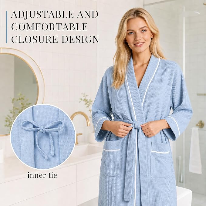 Inner Wish Women's Cotton Waffle Kimono Robe, Lightweight Quick Dry Spa Shower Robe with Pockets