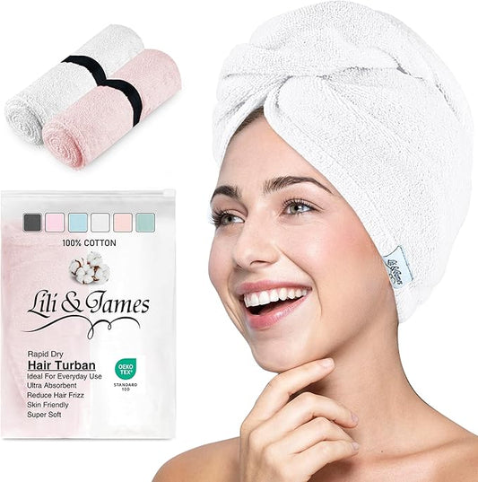 Lili&James 100% Cotton Hair Towel Wrap for Women & Kids – 420 GSM Quick Dry Hair Turban with Double Button Loop, Anti Frizz Non Microfiber Hair Drying Towel for Curly, Long & Thick Hair (White+Pink)
