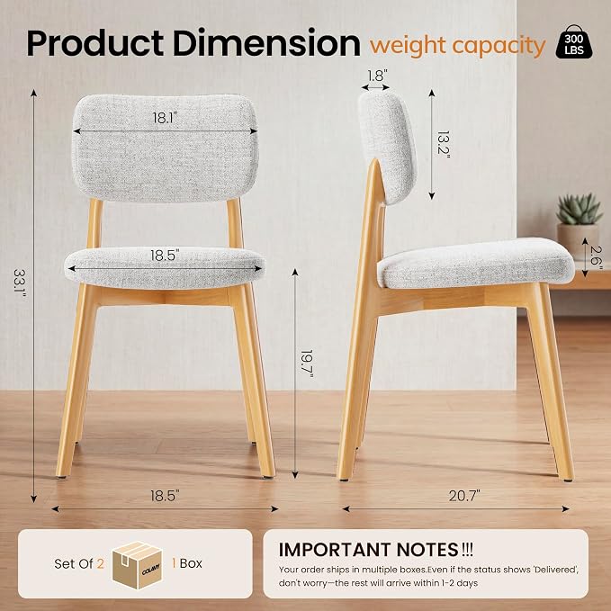 COLAMY Dining Chairs Set of 2, Modern Upholstered Kitchen Room Chairs with Solid Natural Oak Wood Legs, 5-Min Easy Assembly Anti-Wobble, High-Weight Fabric Farmhouse Side Chair, 300lbs,Oak,Beige