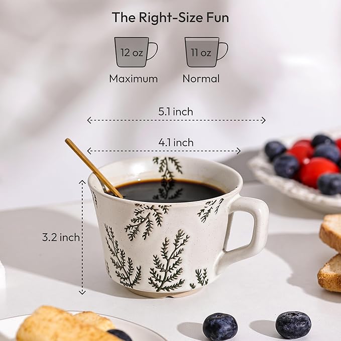 Ceramic Coffee Mug, 11 oz Small Novelty Unique Teacup with Handle, Stoneware Cup for Tea Mocha Latte Cappuccino (Set of 4, Plants)