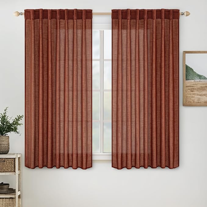 MIULEE Burnt Orange Linen Curtains 63 Inch Length 2 Panels for Bedroom Living Room, Soft Thick Linen Textured Window Drapes Semi Sheer Light Filtering Back Tab Rod Pocket Burlap Look Fall Decorations