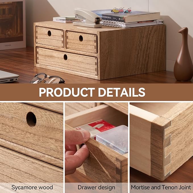 KIRIGEN Solid Wood Desktop Organizer with 3 Drawers - Multi-Layer Office Supplies Storage Rack for Documents, Stationery, Jewelry - Natural Wooden Desk Shelf Organizer Brown WJG23-DBR