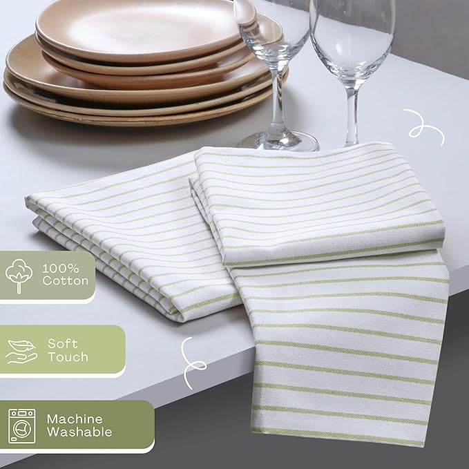 Lemon Green Stripe Cloth Napkins (Set of 6), 18x18 Inch, 100% Cotton, Classic Striped, Soft, Absorbent, Washable Fabric, Durable Table Napkin for Dinners, Luncheon, Everyday Dining