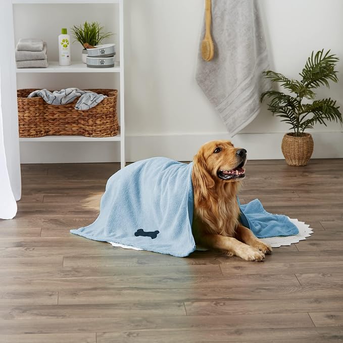 Bone Dry Pet Grooming Microfiber Towel, Embroidered Collection, X-Large,41x23.5", Blue