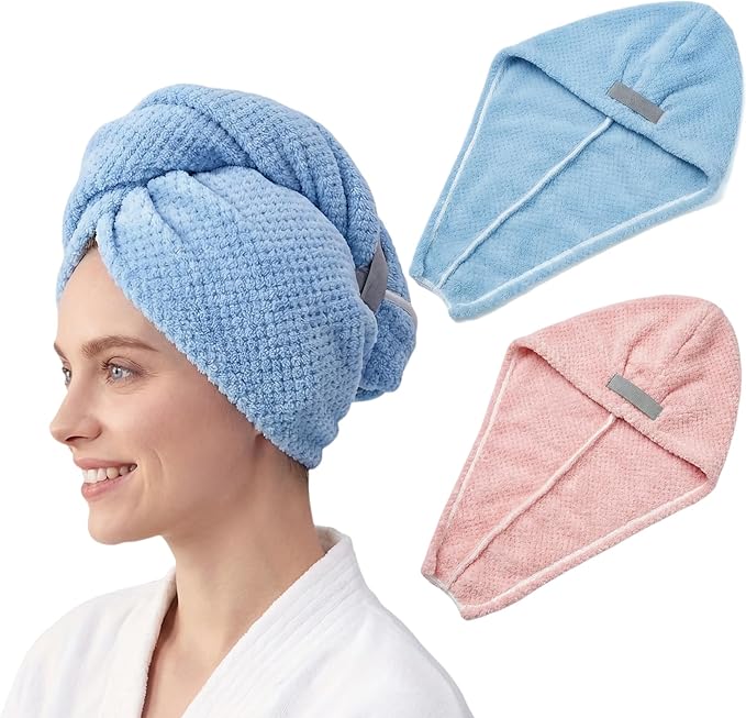 Lightweight 90g Microfiber Hair Towel Wrap, Super Absorbent Quick Drying Hair Turban for Long Curly Hair, Thick Lint Free Hair Drying Cap for Women (Blue + Pink)