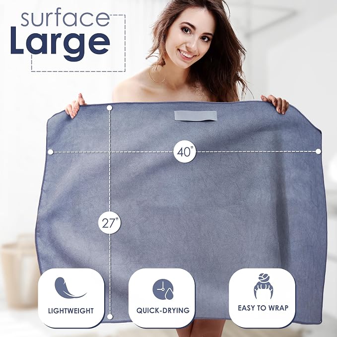SimpleField Large Microfiber Hair Towel Wrap (27x40 Inches) for Women, Anti-Frizz Flat Rectangle Drying Towel with Full Hair Coverage Design, Elastic Band for Long, Curly and Thick Hair (Bright White)