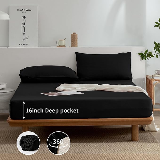 EVERLY Linen Sheets Set California King Size,100% French Washed Pure Linen Sheets Set,4Pieces(1Flat Sheet,1Fitted Sheet,2Pillowcase) Suitable for Hot Sleepers,Deep Pocket Natural Bedding Set-Black
