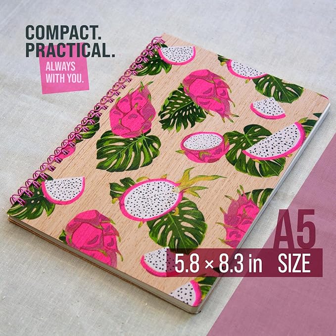 A5 Wooden Journal Set (3-Pack) – Eco-Friendly Notebooks with Dotted Pages | Spiral Bound, Nature-Inspired Designs | Ideal for Bullet Journaling, Writing & Sketching