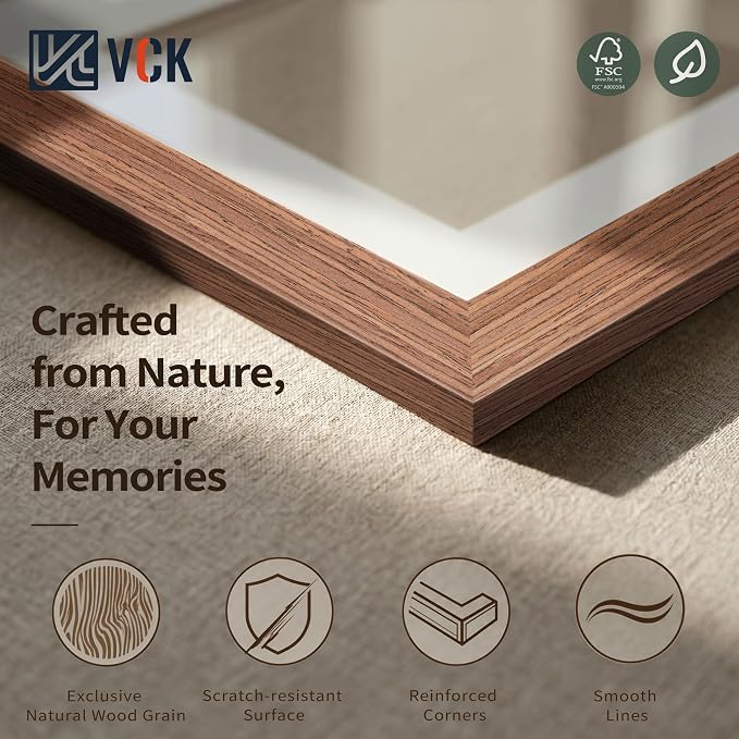 VCK 8x12 Picture Frames Walnut - 3 Pack, Wide Border Solid Wood, Tempered Glass, Display 6x8 Photo with Mat or 8 x 12 Without, for Home, Office, Gallery, Woodgrain Series, Tabletop & Wall Hanging