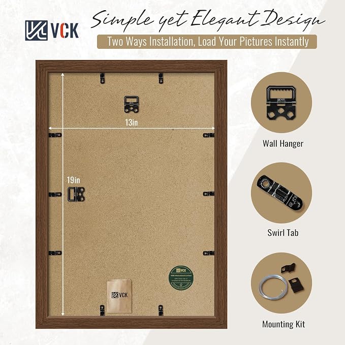 VCK 13x19 Picture Frames Brown 3 Pack, Wide Border Wood, Tempered Glass, Display 11x17 Photo with Mat or 13 x 19 without, for Home, Office, Gallery, Woodgrain Series, Wall Hanging