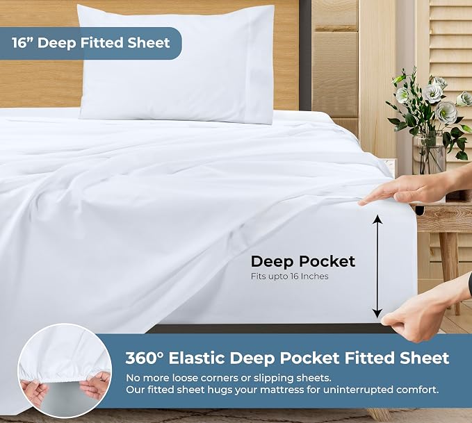 ROYALE LINENS 100% Organic Cotton Twin XL Sheet Set - Percale Weave - 3 Pieces Set - 1 Flat, 1 Deep Pocket Fitted Sheet and 1 Pillowcases - White Bed Sheets - Sábanas Twin XL - Crisp Cool (White)