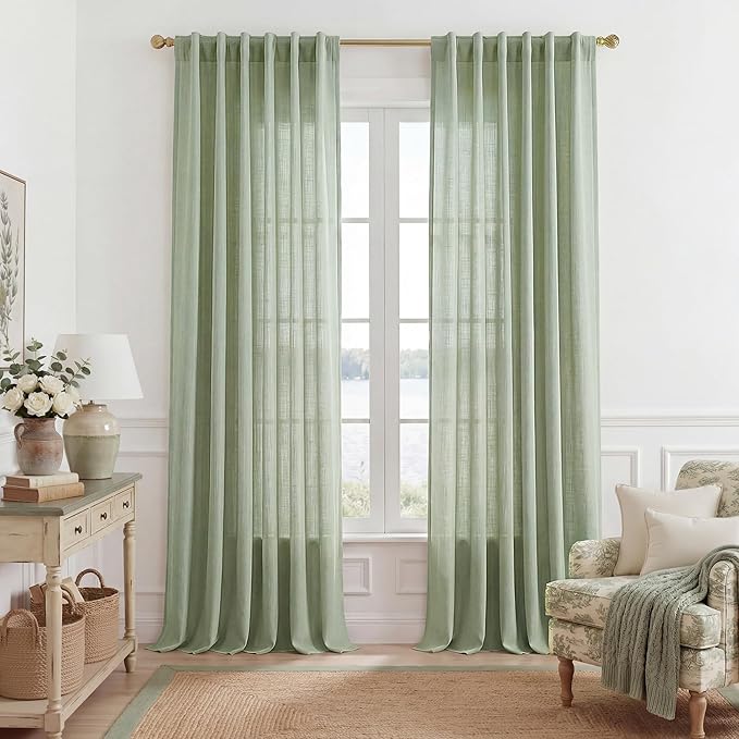 NICETOWN Sage Green Linen Curtains 84 inch Long 2 Panels Set, 55" Wide Thick Flax Linen Blend Organic Home Decor Rod Pocket & Back Tab with Light Filtering for Bedroom/Living Room