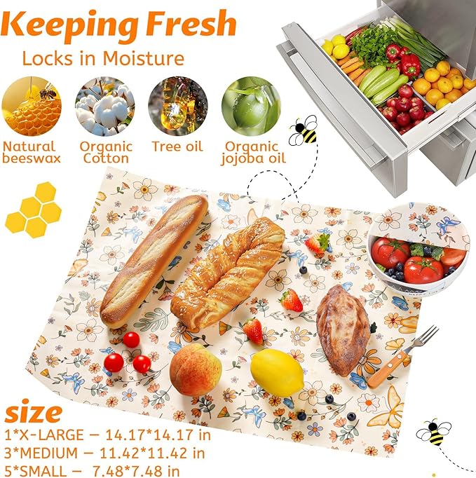 Beeswax Wraps for Food – 9 Pack Reusable Beeswax Bread Bag & Sandwich Wrap, Organic & Eco-Friendly & Sustainable Bees Paper, Perfect Alternative to Aluminum Foil Sourdough Storage & Plastic Wrap