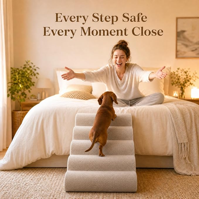 Dog Ramp for Bed,Pet Ramp for High Bed,Dog Stairs for Small & Medium Dogs,Curved Non-Slip Ladder for Older Dogs & Cats,24.4" H,5-Step（Blue）
