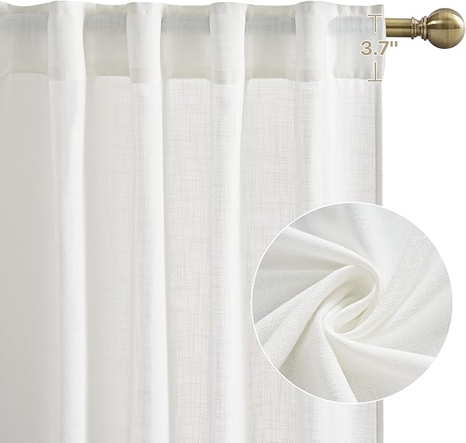 NICETOWN Thick Linen Curtains 96 inch Long 2 Panels Set, 55" Wide White Flax Linen Blend Organic Privacy Window Drapes Rod Pocket & Back Tab with Light Filtering for Bedroom/Living Room
