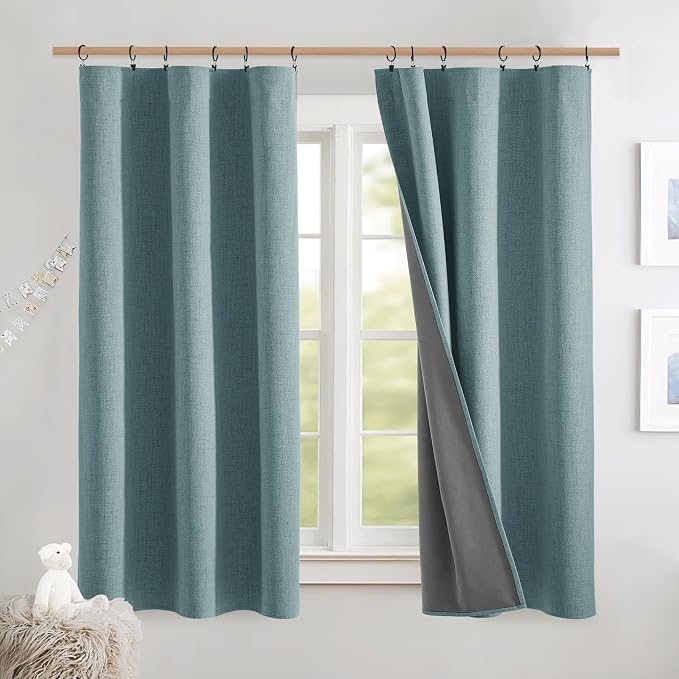 NICETOWN Skylark Blue Thick Linen Blend 100% Blackout Curtains with Grey Liners, Rod Pocket Back Tab Thermal Insulated Flax Textured Full Blackout Window Drapes for Kitchen (2 Panels, 42" W by 63" L)