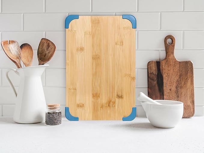 COOK WITH COLOR Non-Slip Cutting Board Set – Kitchen Essentials with Easy Grip Handle for Meat, Veggies, and Fruits, 3 Cutting Boards, Bamboo Non-Slip Light Blue