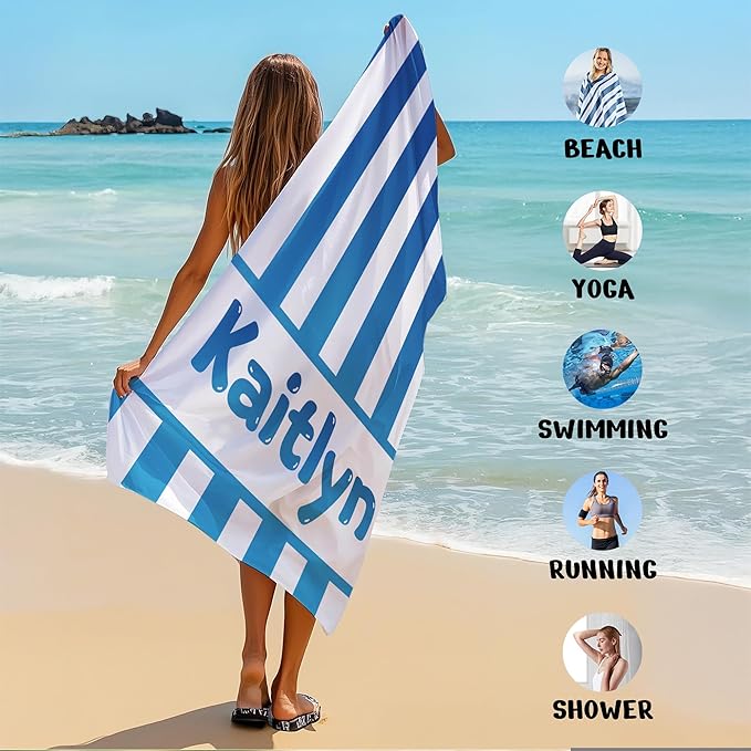 JML Personalized Beach Towel with Name, Custom Cabana Stripe Beach Towel, Customized Microfiber Pool Towel, Quick Dry & Absorbent Swim Towel for Adult,Mother's Day, Birthday, Summer Holiday,Vacation