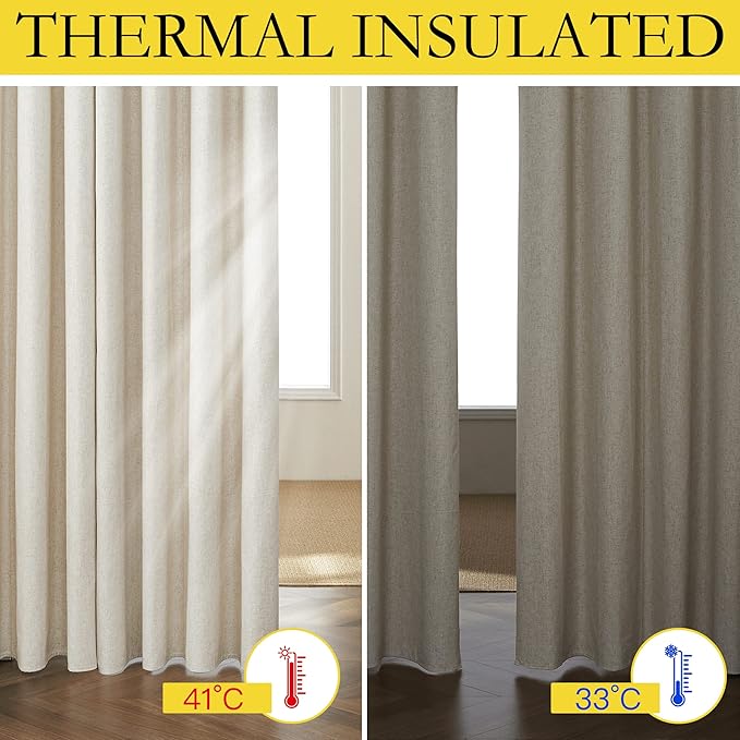NICETOWN Natural Full Blackout Back Tab Linen Curtains 84" Long 2 Panels, Boho-Chic Thick Linen Blend Drapes for Bedroom, Thermal Insulated Window Covers with White Backing for Cafe Bar (42" Wide)