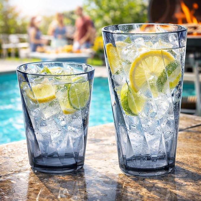 LemonRoad 12 Pack Reusable Plastic Drinking Glasses Set - 20oz & 13.5oz Stackable Tumbler, Shatter-resistant Highball Cups for Water, Cocktail, Iced Coffee, Indoor Outdoor Use, BBQ, Patio, Pool (Grey)