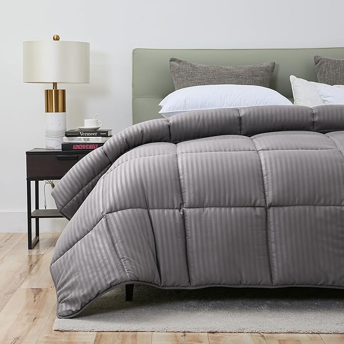 Dorrin Nessin Down Alternative Comforter All Season Duvet Insert(Grey Stripe, Twin)-Ultra Soft Double Brushed Microfiber Quilt Cover, Box Stitched 90x90 Comforter with Corner Tabs