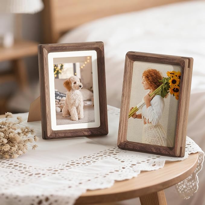 4x6 Picture Frame Set of 2, USA-Sourced Walnut Wood Photo Frames with HD Tempered Glass, Handcrafted Rounded Corner 4 x 6 Wooden Frame Matted to 3.5x5 Photos, 4x6 Frames, Tabletop or Wall Display
