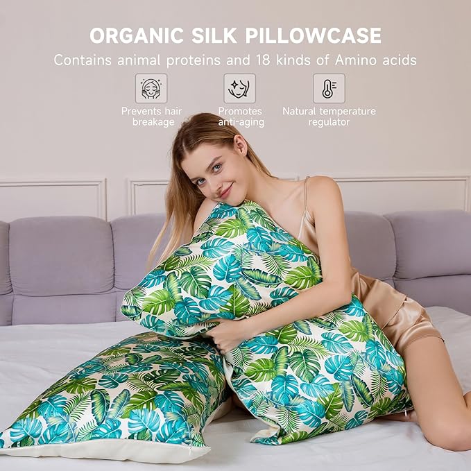 THXSILK Set of 2 Mulberry Silk Pillowcase for Hair and Skin, Pure Natural Silk Organic Pillow Cover, Soft and Breathable Zipper Pillowcase, Queen Size 20"x30", Green Monstera Print