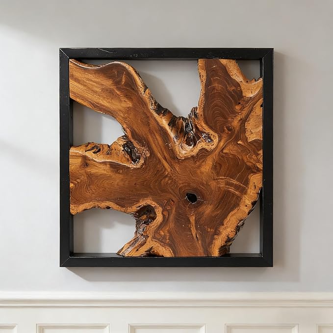 Warmaxx Teak Wood Wall Art 16.9"x16.9" Rustic Farmhouse Natural Wood Decor Home Office Dorm Square Handmade Live Edge Brown Wooden Wall Décor Living Room Bedroom Hallway