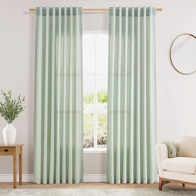 Nanspring Aqua Green Linen Curtains 84 Inch Length 2 Panels Set for Living Room Rod Pocket Back Tab Light Filtering Window Drapes for Bedroom Dining Room Protect Privacy Modern Farmhouse Decor 52x84