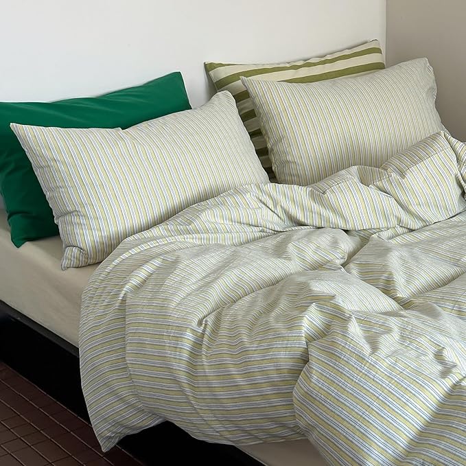 mixinni Vintage Geometric Striped Duvet Cover Set - 3 Piece 100% Washed Cotton Queen Size Bedding Set with Matching Pillowcases | Mid-Century Modern Design | Ultra Soft & Breathable-Queen Size