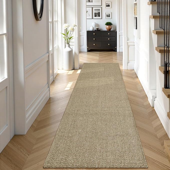 Uphome Kitchen Runner Rug, 2'6x8 Washable Boho Rug Runners for Hallways Non Slip, Low Pile Woven Cotton Modern Carpet Runners, Stain Resistant Bedroom Runner Rug for Hallway Entryway Entrance, Tan