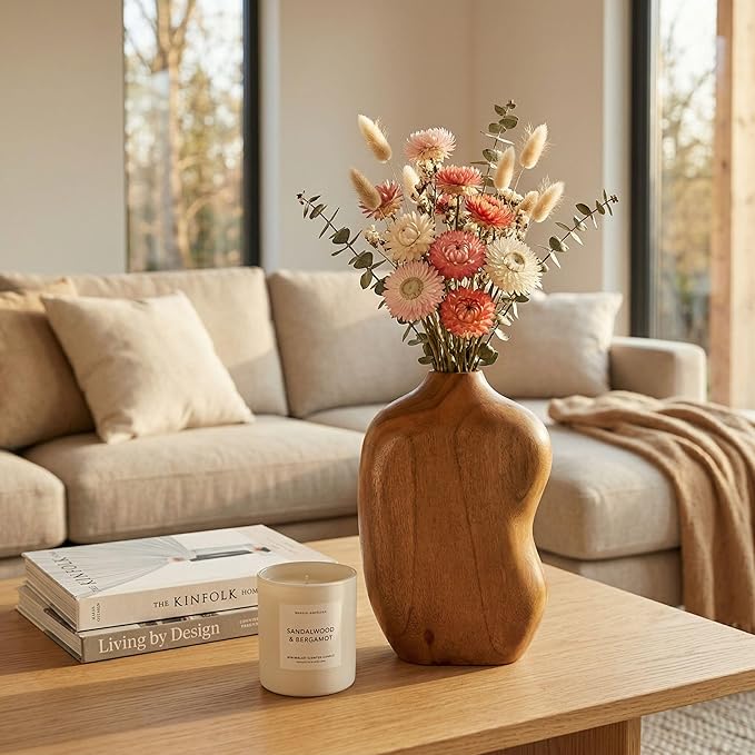 Wooden Decorative Vase, Teak Wood Vase for Home Decor, Farmhouse Boho Table Centerpiece for Living Room Dining Table (No Plants Included)