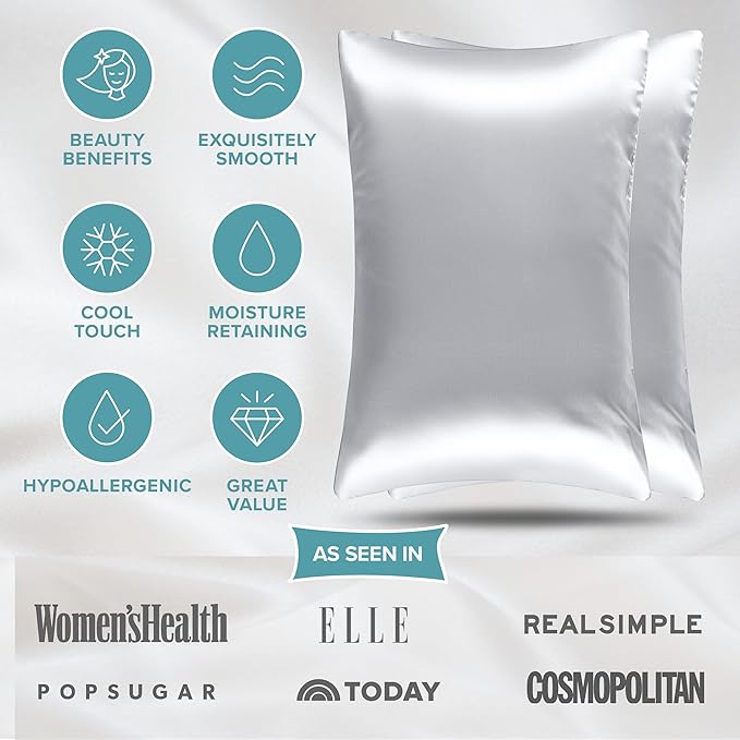 Bare Home 100% Mulberry Silk Pillowcase for Hair and Skin - Ultra Premium 6A Grade 19 Momme Silk Pillow Case - Hidden Zipper - Breathable Cooling Pillow Cover (Standard 2 Pack, Silver)