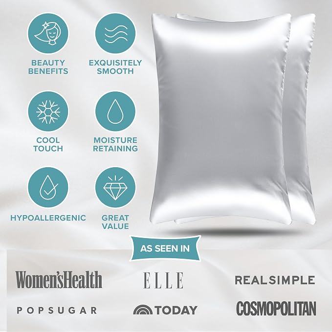 Bare Home 100% Mulberry Silk Pillowcase for Hair and Skin - Ultra Premium 6A Grade 19 Momme Silk Pillow Case - Hidden Zipper - Breathable Cooling Pillow Cover (Queen 2 Pack, Silver)