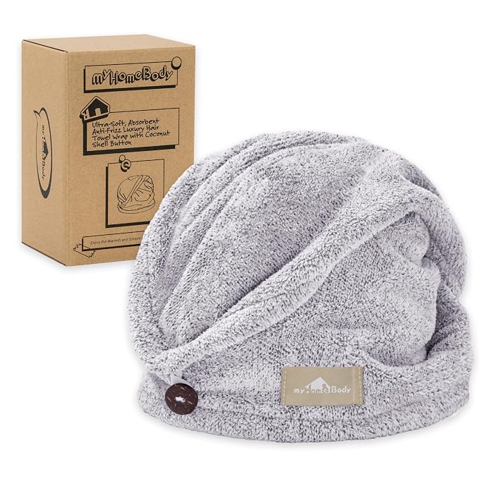myHomeBody Hair Towel Wrap, Quick Drying Turban, Absorbent Cap – Gray | Hair Turban Towel for wet hair, Ultra Soft Charcoal Fiber Cap, Towel Head Wrap for bathing with Coconut Shell Button