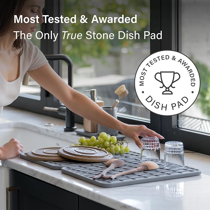 Dorai Home Dish Pad - Collapsable Stone Dish Drying Mat with Diatomaceous Earth for Quick Drying - Ultra Absorbent - Encased in Silicone - Eco-Friendly, Foldable - Large 24.6" x 16.5", Slate