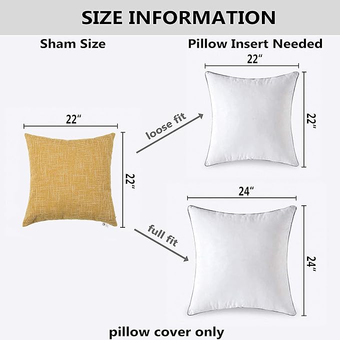 Kevin Textile Faux Linen Square 2 Tone Woven Throw Pillow Sham Cushion Case Covers for Car/Couch Use, 22-inch(2 Packs, Honey Yellow)