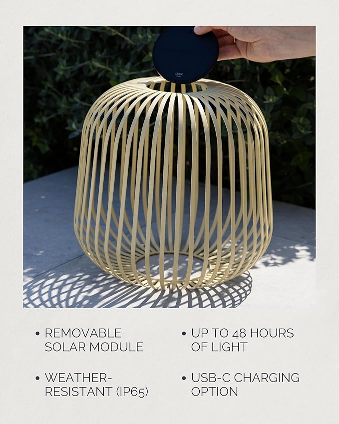 LUUK Studio Solis Wireless Solar LED Ambient Lamp, Warm White, Indoor Outdoor Cordless Lighting, Rust-Resistant, Ideal for Patio, Garden, Bedroom, USB-C Rechargeable, Soft Cozy Style, Sand, Size L