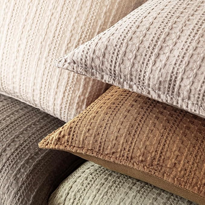 Foindtower Set of 2 Decorative Cotton Waffle Weave Throw Pillow Covers Euro Shams Cushion Covers Accent European Pillowcase for Bed Couch Sofa Bedroom Living Room Home Decor 20×20 Inch Orange Brown