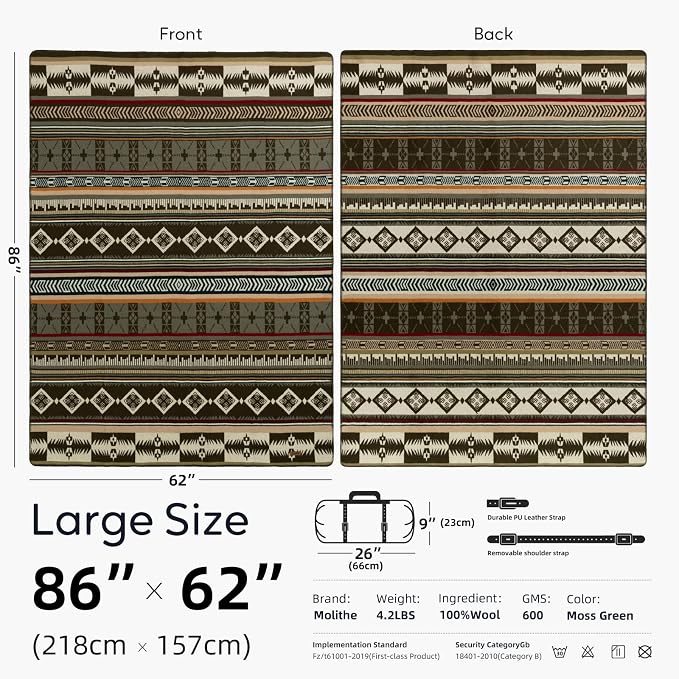Molithe 100% Wool Blanket, 62" x 86", Warm, Thick, Washable, Military | Great for Camping, Outdoors, Sporting Events, Survival Kits Moss Green