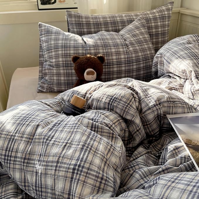 mixinni Queen Duvet Cover Set - 3 Piece Vintage Buffalo Plaid Bedding, 100% Washed Cotton Duvet Cover with 2 Pillowcases, Soft & Breathable Navy Beige White Geometric Grid Pattern for All Seasons