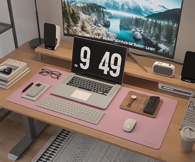 RENMTURE Dual-Sided Large Desk Pad, Faux Leather Natural Cork Mouse pad, Desk Accessories Protector, for Office and Home Work (Dusky Pink, 32"x16")